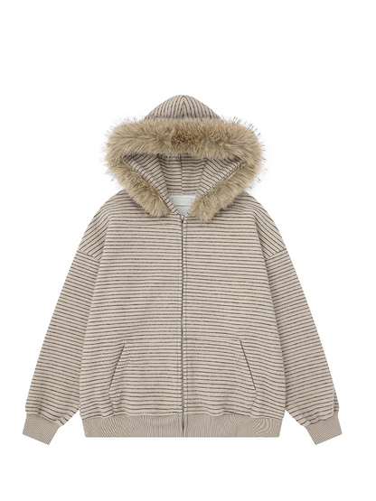 Striped Faux Fur Collar Zip Up Hoodie