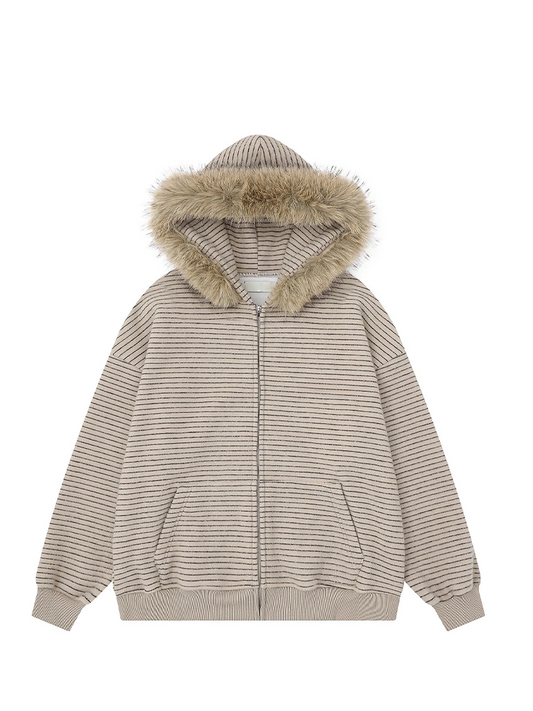 Striped Faux Fur Collar Zip Up Hoodie