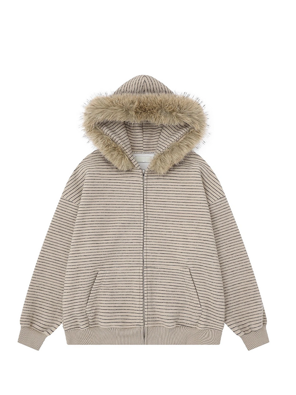 Striped Faux Fur Collar Zip Up Hoodie